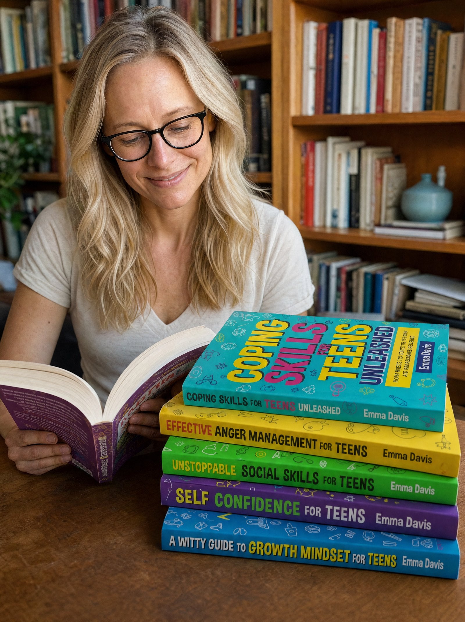 Emma Davis reading in her library beside a stack of her books.