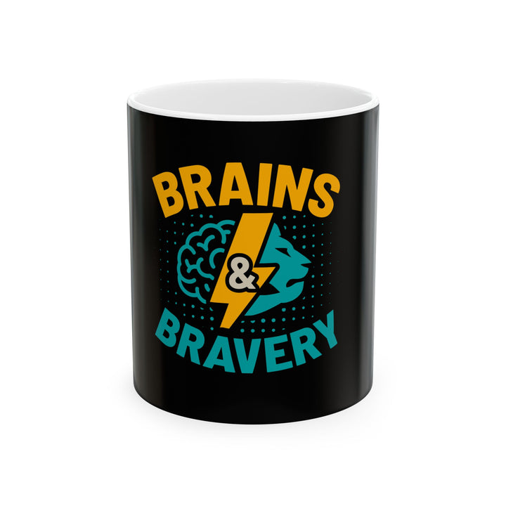 Brains & Bravery Ceramic Mug — Inspirational Lion & Brain Design (11oz/15oz)