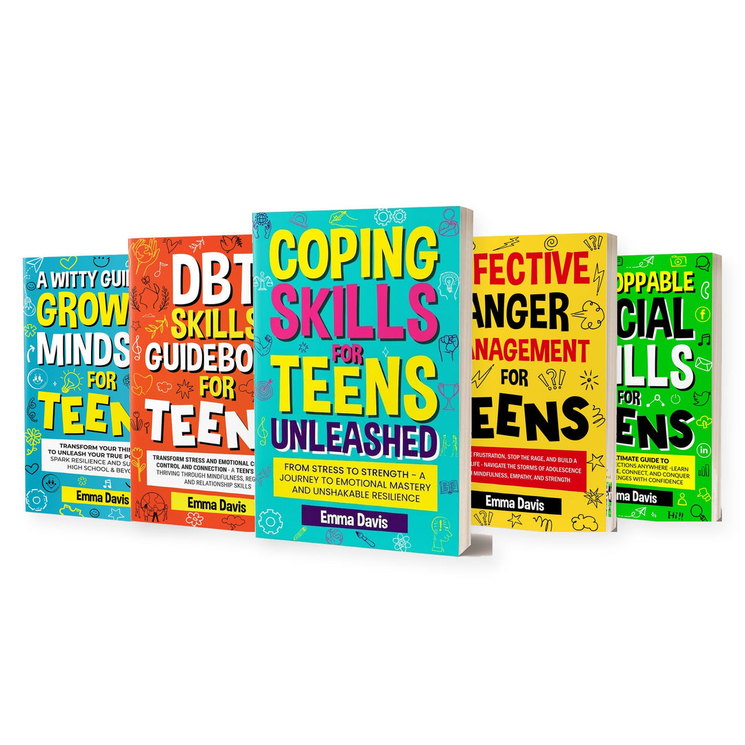 Five Emma Davis teen skills books: Coping Skills, DBT Skills, Anger Management, Unstoppable Social Skills and A Witty Guide to Growth Mindset
